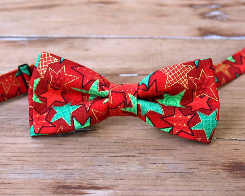 Kids Christmas bow tie, boys holiday bow tie, bow tie for children, santa snowman snowflake, cotton bow tie, pretied bowtie, red green gold image 4