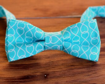 Boys Bow Tie - white infinity print turquoise blue woven cotton bowtie | infant baby toddler child preteen boy | boys wedding bow tie | ties