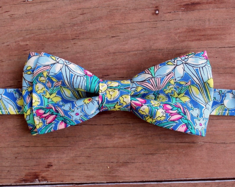 Men's Bow Tie, Liberty of London High Summer Flower Show, Adlington Hall, Cotton Bow Tie, flowers on blue, pretied bow tie, wedding tie image 5