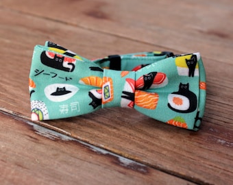 Fishy Sushi Black Cat Cat Bow Tie and Collar, kitten bowtie, bow tie for boy or girl cat, adjustable collar with breakaway clasp, pet gift