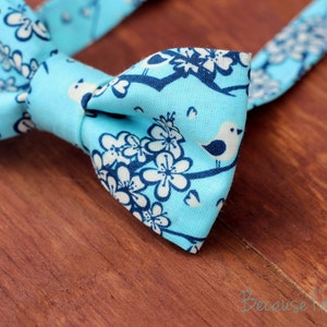 Mens Blue Floral Bow Tie, men's cherry blossom cream bird bowtie, mens wedding bow tie, groomsmen bow tie, fathers day gift, rustic wedding image 2