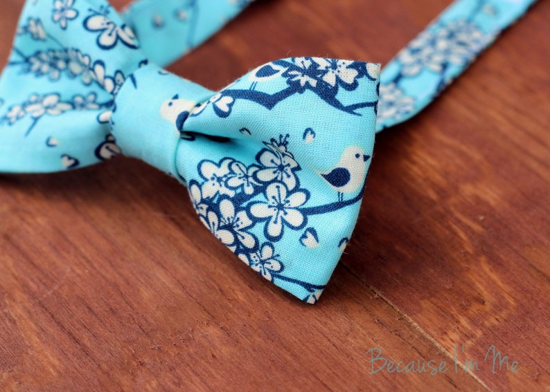 Mens Blue Floral Bow Tie, men's cherry blossom cream bird bowtie, mens wedding bow tie, groomsmen bow tie, fathers day gift, rustic wedding image 2