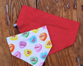 Valentine's Day Candy Hearts reversible Dog Bandana, red white heart on reverse, bandanna slips over the head