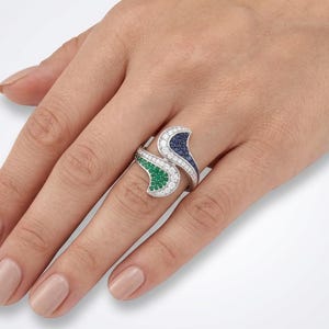 Blue Sapphire & Emerald Double Wave Ring, Diamond Statement Ring, White Gold Open Ring, Unique Designer Jewelry, Gift for Her