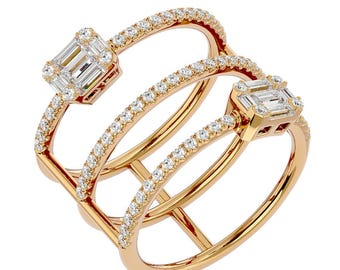 Baguette Diamond 14K Gold Three Row Ring, Statement Wedding Band