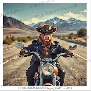 May include: A brown cow wearing sunglasses and a leather jacket rides a motorcycle down a desert road. The cow is wearing a bandana around its neck and has a chain necklace. The motorcycle is orange and black with a large headlight.
