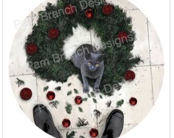 Christmas Ornament Decoupage Rice Paper, Holiday Craft, DIY, Cat in Wreath Paper, Christmas D71