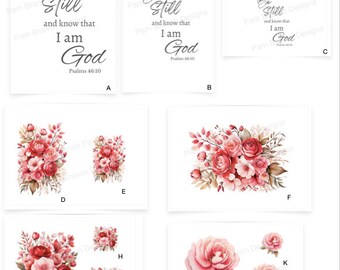 Decoupage Tissue Paper Bundle, Psalms 46:10, "Be Still" and Pink Floral Bouquets and Roses, Three Sizes, D84