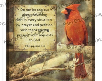 Vintage-Inspired Cardinal on Branch - "Do not be anxious..." Decoupage Sheet, Bible Verse Rice Paper D91