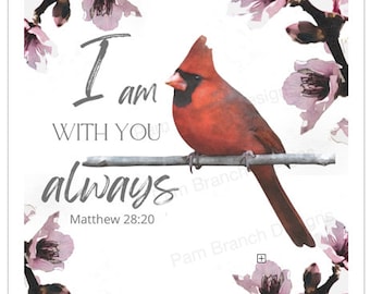 Cardinal and Purple Flowers - "I am With You Always" - Decoupage Sheet, Decoupage Paper, Rice Paper, D52