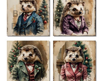 Decoupage Rice Paper Variety Pack – Victorian Christmas Hedgehog Set of 4 Designs, Arts and Craft Supply, D401