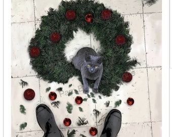 The Cat and the Christmas Wreath, Decoupage Sheet, D40