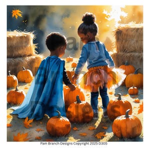 May include: Watercolor illustration of two children in a pumpkin patch. One child wears a blue cape, the other a tutu. Orange pumpkins and hay bales are scattered across the scene, with fallen leaves. The image has a warm, autumnal feel.