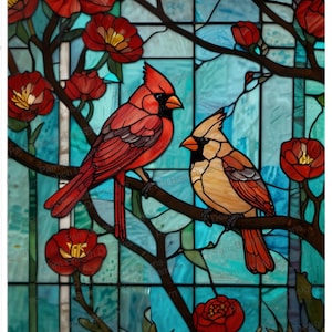May include: Stained glass window depicting two red cardinals perched on a branch with red blossoms. The background is a blue and green stained glass pattern. The text "Pam Branch Designs, L.L.C. 2024 - D110" is at the bottom of the image.