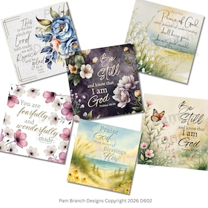 May include: A collection of five square art prints featuring floral illustrations and religious text. The designs include verses such as This is the day which the Lord hath made, Be Still and know that I am God, and You are fearfully and wonderfully made.