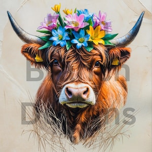 Rice Paper for Crafts and Decoupage, Highland Cow with Flowers, Paper for DIY Project D176