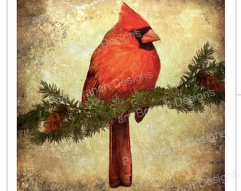 Vintage Cardinal on Pine Branch, Holiday Rice Paper - Decoupage Sheet D75