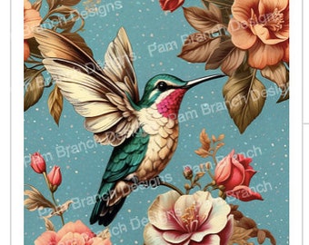 Decoupage, Craft Paper, Rice Paper, Teal, Pink, Hummingbird with Flowers, Vintage Style, D79