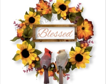 Decoupage Paper, Cardinals and a Fall Wreath, "Blessed", Rice Paper, Christian Craft, Fall Rice Paper D37