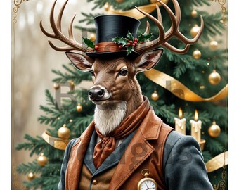 Rice Paper for Decoupage, Victorian Reindeer Gentleman in Top Hat — Christmas Holiday — Arts and Craft Supply D402