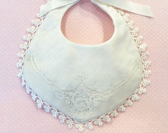 Vintage Linen and Lace Ivory Baby Bib