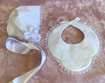 Vintage White Linen and Lace Baby Bib and Bonnet