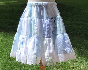 Custom White Lace and Blue Patchwork Twirl Skirt Size 2-12