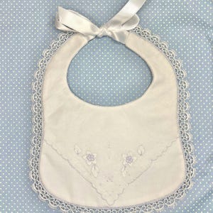 Vintage Linen and Lace White Baby Bib