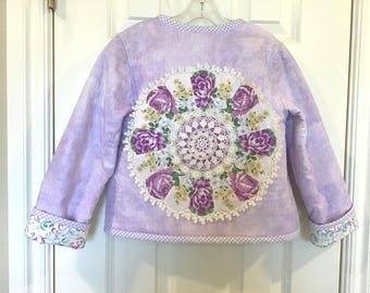Chaqueta acolchada Dresden Plate con rosas lavanda para niñas, talla 7