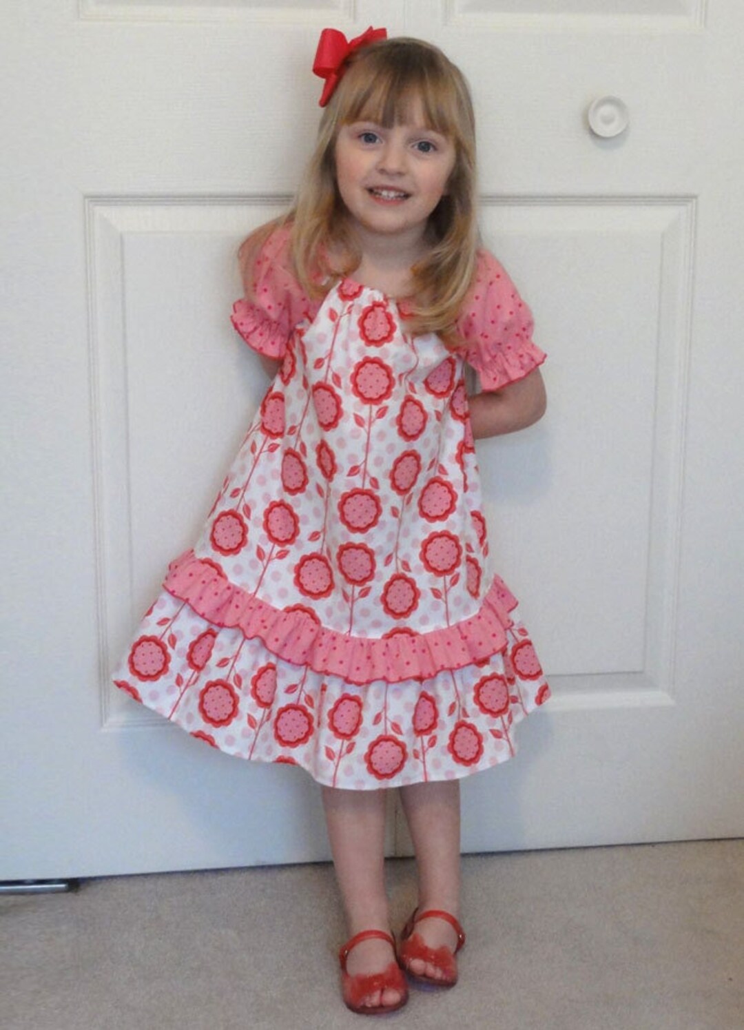 Campana Girls Ava Button Down Dress - Happy Flower Print - Red & White