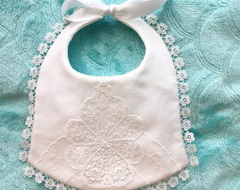 White Vintage Linen and Lace Baby Bib