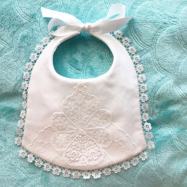 White Vintage Linen and Lace Baby Bib