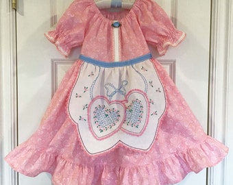 Toddler Girls Pink Hearts Vintage Linen Dress Sizes 1-5
