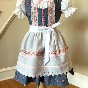 May include: A traditional-style dress with a white blouse and a blue floral bodice. The dress features a light blue skirt with pink floral accents and white lace trim. A white sash ties at the waist, and a pink bow adorns the neckline.