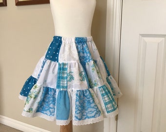 Turquoise and Lace Girls Patchwork Twirl Skirt Size 6/7