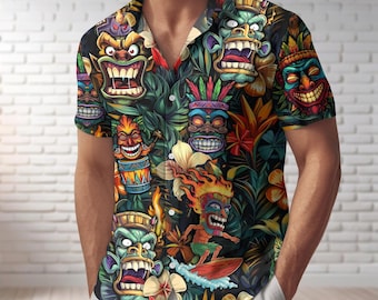 Tiki Button Shirt, Tiki Hawaiian Shirt, Tiki Lovers Summer Shirt, 3D Hawaii Aloha Shirt, Summer Party Gift, Tropical Tiki Beach Shirt