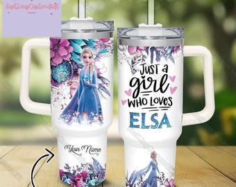 Vaso personalizado de Disney Frozen de 40 oz, "Just A Girl Loves Elsa", vaso de café con estampado de flores de la princesa Elsa, vaso térmico