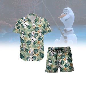 May include: A tropical-themed button-down shirt and matching shorts featuring a repeating pattern of Olaf from the movie Frozen. The pattern is on a light beige background with green leaves and orange flowers.