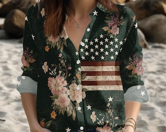 Vintage Floral American Flag Blouse Shirt, Patriotic USA Button Up Shirt, 4th Of July Women Outfit, American Flag Top Gift For Her
