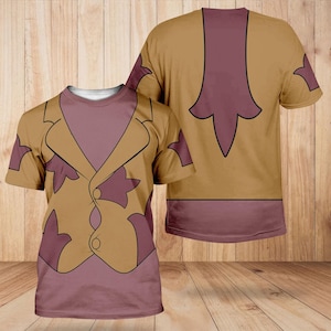 Könnte beinhalten: Kurzärmeliges T-Shirt mit einem Cartoon-Design. Die Vorderseite zeigt eine beige Jacke über einem mauvefarbenen Hemd mit schwarzen Umrissen und bordeauxfarbenen Akzenten. Die Rückseite hat ein bordeauxfarbenes Design auf beigem Hintergrund.