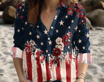 USA Anniversary Blouse Shirt, Semiquincentennial Women Shirt, Retro American Flag Women Top, Patriotic Casual Shirt, 4th of July Gift