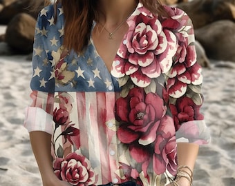 Vintage Floral American Flag Blouse, Patriotic Rose USA Button Up Shirt, 4th Of July Women Outfit, American Shirt Gift For Her