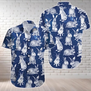 Rabbit Button Shirt, Cute Rabbits Hawaiian Shirt, Animal Tropical Shirt, Summer Beach Shirt, Aloha Shirt, Rabbit Lover Gift For Her Him