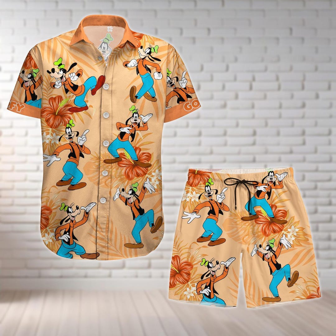 Goofy Dog Button Shirt and Shorts, Cute Disney Goofy Floral Hawaiian ...