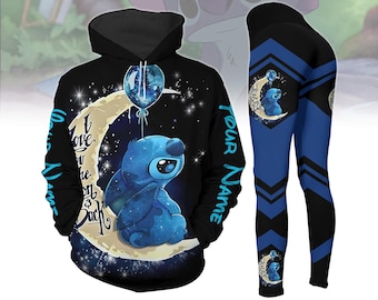 May include: A black hoodie and leggings set featuring a blue Stitch character sitting on a crescent moon with stars. The hoodie has the text "I love you to the moon and back" on the left sleeve and "Your Name" on the right sleeve. The leggings have a blue and black geometric pattern.