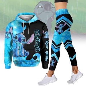 May include: Blue and black hoodie with a Stitch character design and the text "Ohana" and "Your name". Matching blue and black leggings with a Stitch character design.