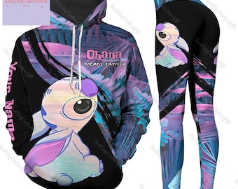 Sudadera y leggings personalizados de Stitch Ohana Means Family, sudadera con capucha de Stitch 3D, leggings de película para mujer, camiseta de Stitch de Disney, regalos para amantes de Stitch