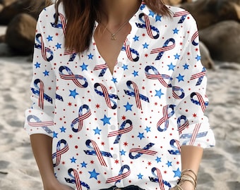 Patriotic Ribbon Stars Blouse, USA Anniversary Patriotic Button Shirt, 4th Of July Women Top, Independence Day Outfit Gift For Her