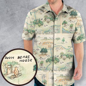 Winnie de Poeh-shirt met knopen, Hawaii-shirt met de kaart van Poeh, Winnie de Poeh-shirt, Disney Hawaii-shirt, Disneyland-shirt, Disneyworld-shirt