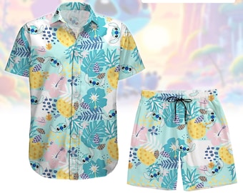Stitch Button Shirt, Summer Shorts, Lilo And Stitch Hawaiian Shirt, Disney Movie Shirt, Aloha Beach Shirt, Tropical Vacation Shirt